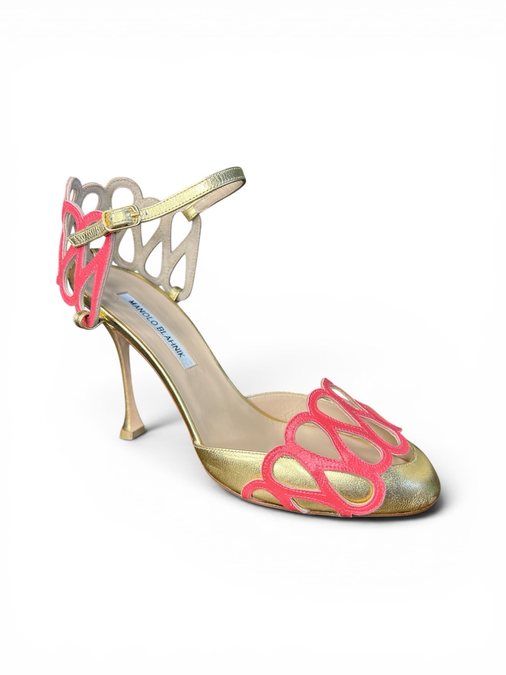 Manolo Blahnik Size 40 Riofrio Heels Gold Pink Satin Ankle Strap Pumps New